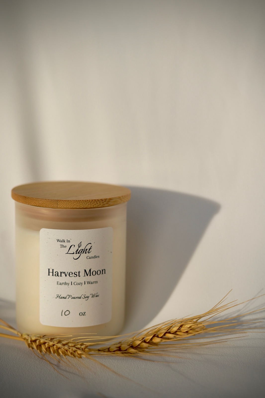 Harvest Moon candle with autumn leaves